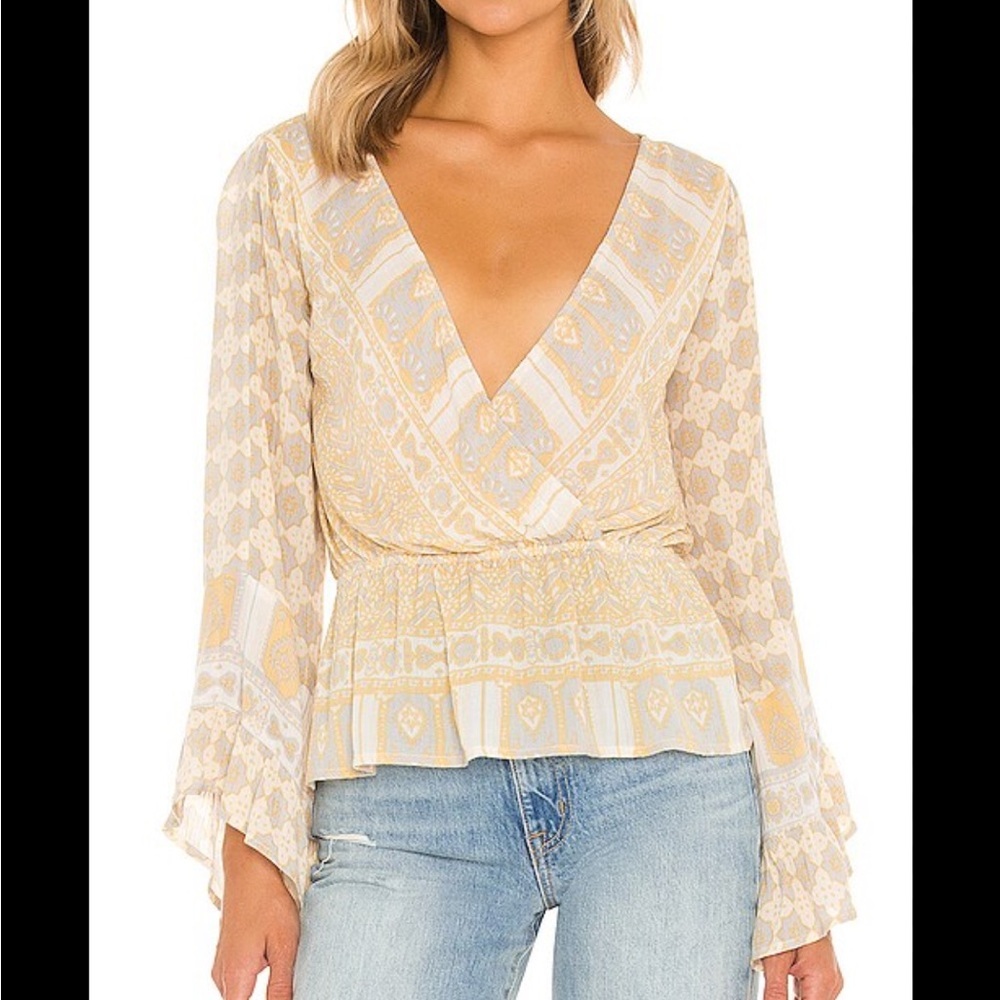Free People Rosalie Yellow Printed Faux Wrap Blouse Top L Bell Sleeve Boho